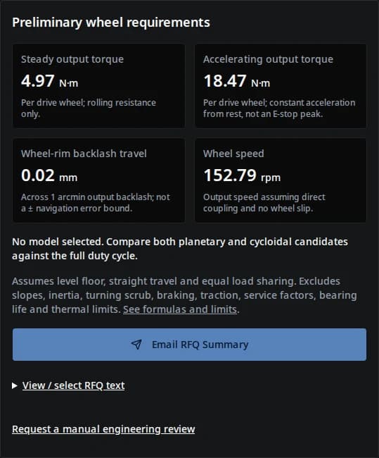AMR drive gearbox calculator default results: 4.97 N·m steady torque, 18.47 N·m accelerating torque and 152.79 rpm